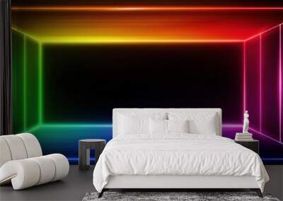 A neon frame with a black background and a rainbow light Wall mural