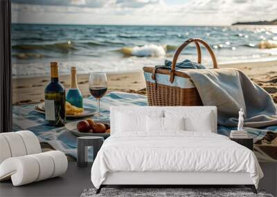 A picnic setup on the beach features a basket, bottles, and glasses alongside plates of fruit, all set against the ocean at sunset Wall mural