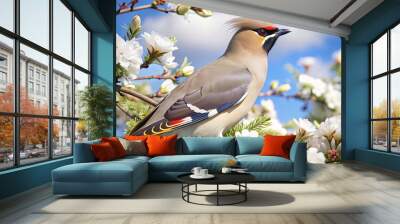 A stunning waxwing sits gracefully on a branch adorned with vibrant white blossoms, enjoying the warm spring day and clear blue sky above Wall mural