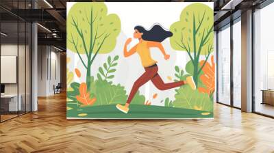 A woman exercising running in the city park flat cartoon illustration, healthy lifestyle, sport jogging training fitness Wall mural