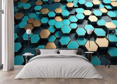 Abstract futuristic luxurious digital geometric technology hexagon background banner illustration 3d - Gold turquoise blue hexagonal 3d shape texture wall   Wall mural