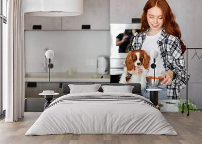 Adorable Cute Purebred Charles King Spaniel Is Feeded By Woman Owner, At Home In Kitchen, Attractive Caucasian Lady In Casual Wear Cooking Preparing Meal For Domestic Pet, At Day Time, Indoors Wall mural