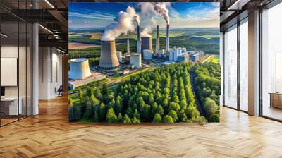 Aerial perspective showcasing a large power plant with cooling towers emitting smoke, surrounded by lush green trees and fields under a clear blue sky Wall mural