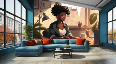 African-American woman working in his office black history month celebration cartoon style illustration generative ai Wall mural