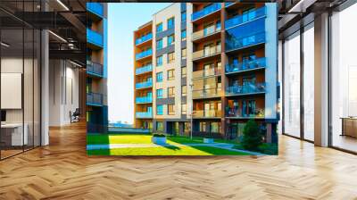 Apartment in residential building exterior. Housing structure at blue modern house of Europe. Rental home in city district on summer. Architecture for business property investment, Vilnius, Lithuania. Wall mural