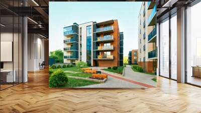 Modern new residential apartment house building complex outdoor facility bench Wall mural