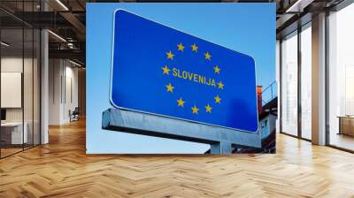 Modern Traffic road sign on blue with EU stars Slovenija Wall mural