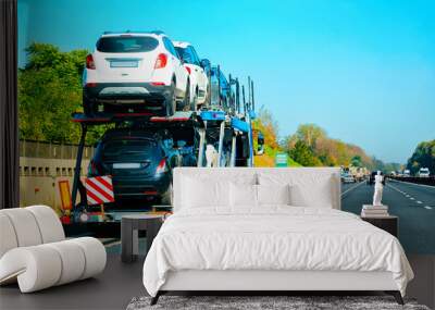 New car carrier in road reflex Wall mural