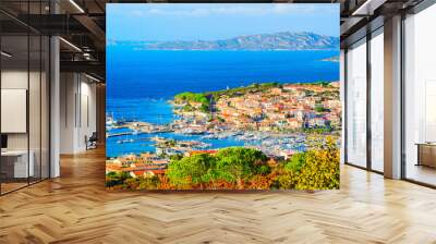 Panorama and landscape at La Maddalena of at Mediterranean sea in Sardinia island of Italy. Boats at Sardegna in summer. Olbia province. Mixed media. Wall mural