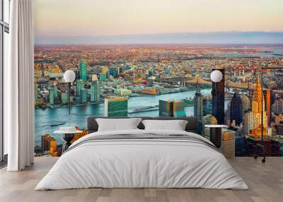 Panoramic view on Midtown district of Manhattan in New York, NYC. East river and Queensboro Bridge in Long Island City. Skyline, USA. American architecture building. Aerial Panorama of Metropolis. Wall mural