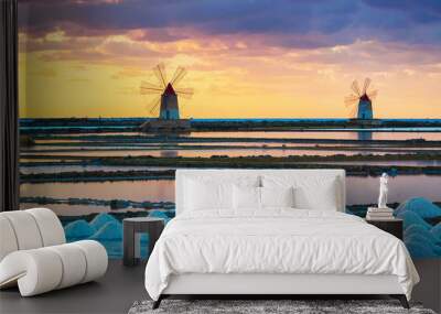 Sunset at Windmills in salt evoporation pond in Marsala Sicily reflex Wall mural