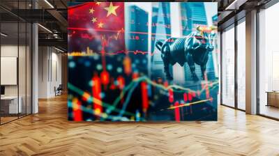 Bear and bull markets with financial trading charts, Amerca and China flags, global trade competition, market dominance, politics and economics illustration Wall mural