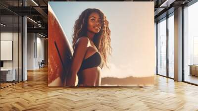 Beautiful black woman with surfboard on a beach at sunrise generative ai Wall mural