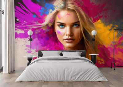 Beautiful blonde in colorful explosion illustration for Holi holiday generative ai Wall mural