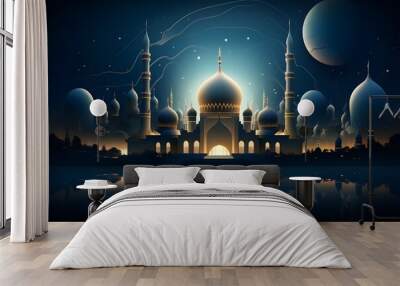 Beautiful fantasy night view of mosque with stars and moon. Amazing Islamic architecture design Wall mural