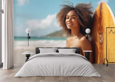 Beautiful smiling African American woman with surf board on a beach at sunrise generative ai Wall mural