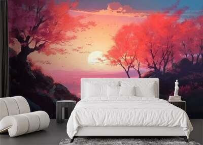 Beautiful spring landscape drawing. Sunset sky and cherry blossom trees background generative ai Wall mural