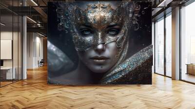 Beautiful woman in carnival outfit wearing carnival mask Mardi Gras illustration generative ai Wall mural