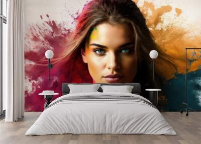 Beautiful young girl in colorful explosion illustration for Holi holiday generative ai Wall mural