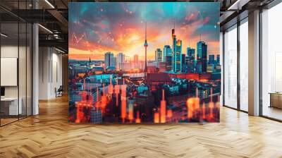 Berlin business skyline with stock exchange trading chart double exposure, Germany trading stock market digital concept Wall mural