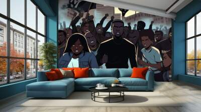 Black History Month celebration, group of people act of activism, protesting crowd of black people, African American people mob in style of cartoon Ai Generated Art Wall mural