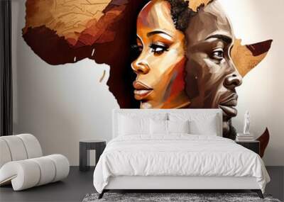 Black history month holiday celebration. Independent Strong black people poster. Confident black person. Ai generated not a real person art. Black people double exposure map Black man and woman Wall mural