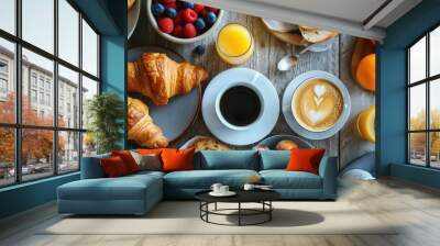 Breakfast spread top view. Generative AI Wall mural