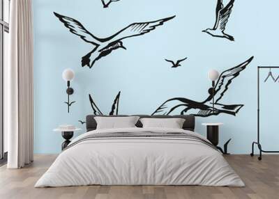 Seagulls vector sketch drawing by hand Wall mural