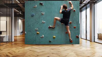 Caucasian man climber. Extreme indoor climbing. Strong man practicing climbing on artificial rock wall in sports club. Strong sporty male and male training speed bouldering session. Wall mural