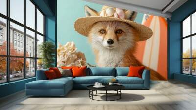 Charming fox in straw hat with seashells on beach-style background Wall mural