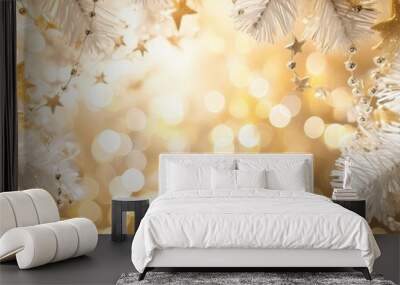 Christmas tree with white and gold decorations, christmas background Wall mural