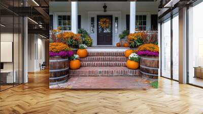 Decorating the porch and front door with pumpkins and fall flowers. Decorating the house for the traditional holiday Wall mural