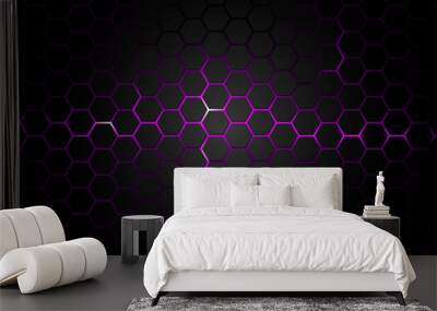 Black Hexagonal Pattern on Purple Magma Background - Abstract Illustration with Glowing Effects, Vector Wall mural