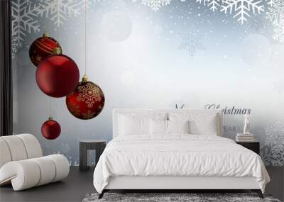 Elegant Merry Christmas Greeting Card with Snowflakes and Hanging Red Christmas Balls on Frozen Background - Abstract Festive Illustration, Vector Wall mural