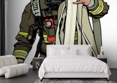 firefighter with fire hose over shoulder - colored illustration, vector Wall mural