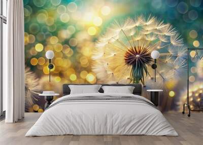 Delicate dandelion seeds float gracefully in a sunny setting, illuminated by a warm glow and set against a blurred, colorful background of bokeh Wall mural