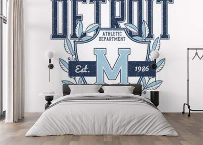 Detroit, Michigan t-shirt design with college shield and laurel wreath. College style tee shirt design. Sports apparel print with grunge. Vector illustration. Wall mural