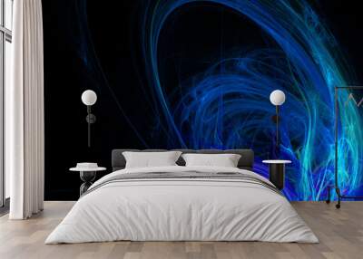 digitally rendered abstract blue energy wave fractal on black. Wall mural