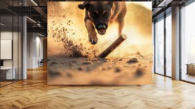 Dogs playing wood stick beach. Generative AI Wall mural