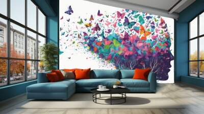 Double exposure silhouette of woman profile and butterflies mental health women's day illustration generative ai	 Wall mural