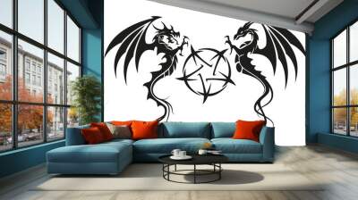 Dragons with pentagram - Dragon symbol tattoo, black and white vector illustration, isolated on white background Wall mural