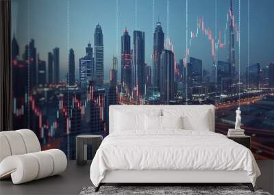 Dubai UAE business skyline with stock exchange trading chart double exposure with, middle east trading stock market digital concept	
 Wall mural