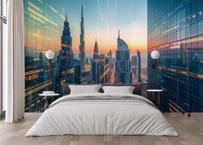 Dubai UAE business skyline with stock exchange trading chart double exposure with, middle east trading stock market digital concept	
 Wall mural