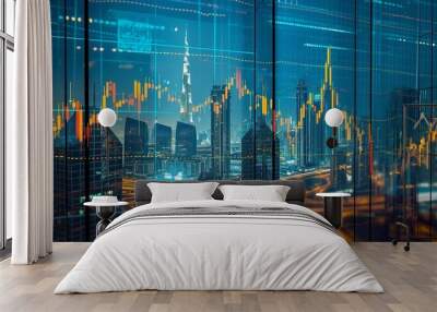 Dubai UAE business skyline with stock exchange trading chart double exposure with, middle east trading stock market digital concept	
 Wall mural