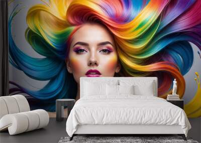 Beautiful young woman with developing hair in a rainbow polish.  AI generative. Wall mural