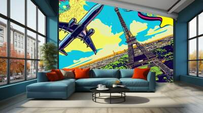 Eiffel Tower and plane illustration pop art cartoon postcard colorful, travel Europe, France Paris Wall mural