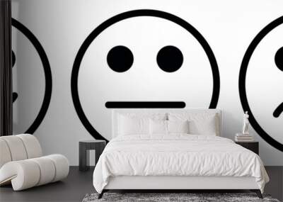 emoticon icon set, three emoji - happy, sad and neutral, symbol of smiley face, black and white vector illustration Wall mural