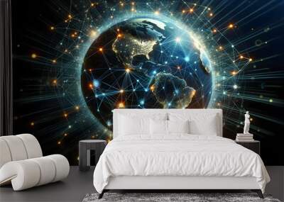 Global business networking earth international connectivity trade a 3d earth model with network links across continents a spherical representation of earth webbed with luminous connections depicting. Wall mural