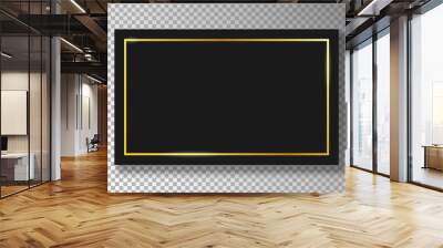 Golden frame on black plate isolated on transparent background with shadow. Gold border with glow shine on black rectangle. Vector illustration. Wall mural