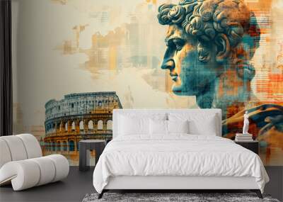 Great Roman Empire architecture and Emperor Caesar statue archeological historical illustration with Roman map 	 Wall mural